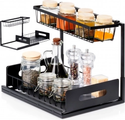 Etajeră de bucătărie pe două niveluri cu sertar glisant, metalică, neagră 36 × 27 × 28,5 cm