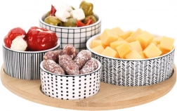 Boluri din porțelan pentru gustări pe tavă din bambus, set din 5 piese