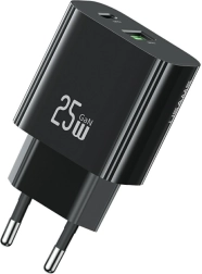 Încărcător de priză 25 W cu 1× USB‑C și 1× USB‑A, încărcare rapidă, negru