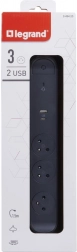 prelungitor multipriză cu protecție la supratensiune, 3 prize cu USB A/C, cablu 1,5 m, negru