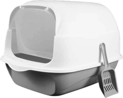 Toaletă pentru pisici acoperită, cu partea superioară rabatabilă și lopățică