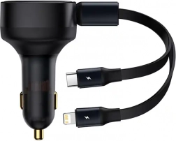 Încărcător auto Baseus Enjoyment cu cabluri integrate USB‑C și Lightning, 30 W