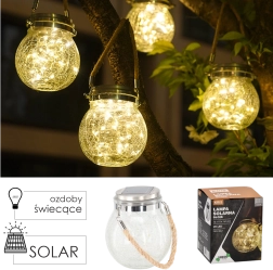 Lampă solară suspendată în formă de borcan din sticlă crăpată 12 × 12 × 14,5 cm, alb cald