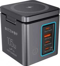 Încărcător de rețea BlitzWolf GaN 105 W cu USB-A, 3× USB-C și încărcare wireless