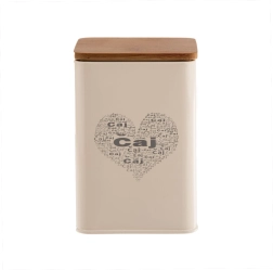 Cutie decorativă pentru ceai cu motiv „Ceai INIMĂ”, tablă și lemn, 14 cm