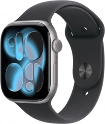 Apple Watch Series 11 GPS 46 mm carcasă din aluminiu gri stelar, curea sport neagră M/L