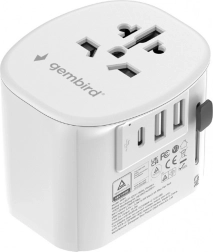 Adaptor de călătorie universal cu împământare 15 W cu 3× USB, alb