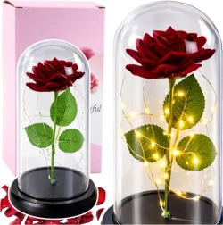 Trandafir roșu etern sub cupolă de sticlă cu iluminare LED