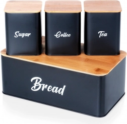 Cutie de pâine metalică neagră cu capac din bambus și set de recipiente pentru zahăr, cafea și ceai, 4 piese