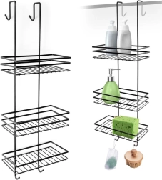 Raft metalic de duș suspendat, negru, cu trei niveluri