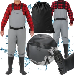 Pantaloni-pieptar pentru pescuit (waders) Trizand cu cizme integrate, PVC, gri – mărimea 45