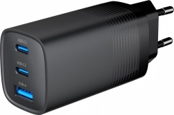 Încărcător USB negru 65W GaN cu 1x USB-A și 2x USB-C porturi