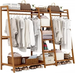 Cuier dublu din bambus pentru haine cu 5 rafturi - lungime 160 cm.