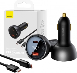 Încărcător auto Baseus Superme cu afișaj, USB‑C + USB, 140 W, negru