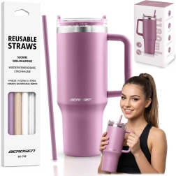 Termopahar Berdsen cu izolație în vid 1180 ml, cu set de paie, roz