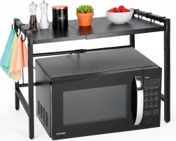 Raft de bucătărie reglabil deasupra cuptorului cu microunde, cu cârlige, metalic