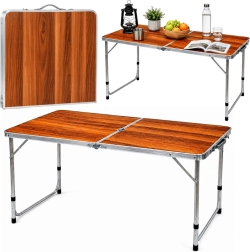 Masă de camping pliabilă cu înălțime reglabilă în tip valiză, decor lemn