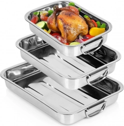 Tăvi dreptunghiulare din inox, set de 3 bucăți, cu mânere rabatabile
