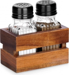 Solniță și piperniță cu suport, set din 3 piese, sticlă și lemn