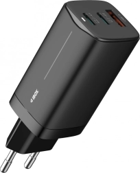 Încărcător de rețea GaN 65 W, 2× USB-C + USB-A, negru