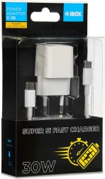 Încărcător de rețea iBox USB-C 30 W Super Si (PD/QC) cu cablu USB-C 1 m