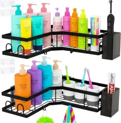 Etajere de colț pentru baie fără găurire RUHHY, set 2 buc, negre