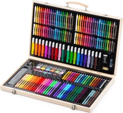 Set de materiale artistice în valiză din lemn, 180 piese