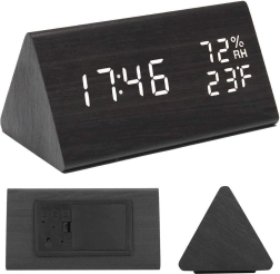 Ceas deșteptător electronic din lemn cu termometru și higrometru