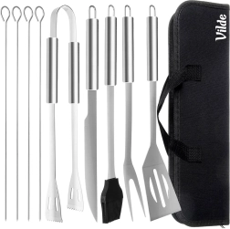 Set de ustensile pentru grătar din oțel inoxidabil cu husă, 10 piese