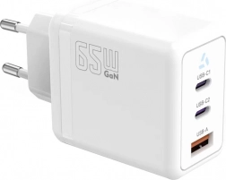 Încărcător de priză 2× USB‑C + USB‑A cu Power Delivery, alb, GaN 65 W