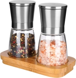 Râșnițe de sare și piper cu suport din bambus 14,5 cm, set 3 piese