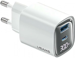 Încărcător de priză 30W GaN cu afișaj LED USB + USB‑C alb