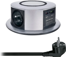 Solight bloc de prize retractabil în blat 3× 230 V + USB-A/USB-C PD 20 W cu încărcare wireless Qi 10 W, 2 m, argintiu