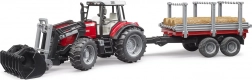 BRUDER tractor MASSEY FERGUSON 7480 cu încărcător frontal și remorcă pentru bușteni