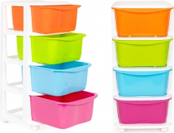 Organizator colorat din plastic cu patru sertare pe roți
