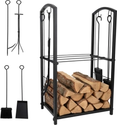 Suport metalic pentru lemne de foc cu unelte și rafturi