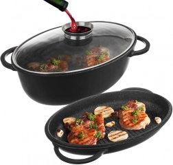 Set tăvi ovale din granit 3 în 1 cu capac grill și capac din sticlă, 10 l, 43 × 28 cm