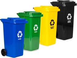 Set de 4 coșuri de gunoi exterioare 4×120 l cu roți din cauciuc – hârtie, sticlă, plastic/metal și deșeuri menajere