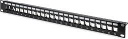 Patch panel 19" cu 24 porturi pentru module keystone, ecranat, 1U, cu management de cabluri și câmpuri de etichetare, negru