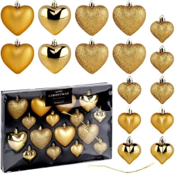 Decorațiuni de Crăciun inimioare aurii, indestructibile, set 16 buc (6,5 și 4,5 cm)