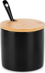 Zahărniță ceramică cu capac din bambus și linguriță, neagră 250 ml