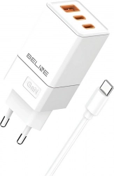 Încărcător de rețea 65W GaN 2x USB‑C + USB‑A cu cablu USB‑C – Alb