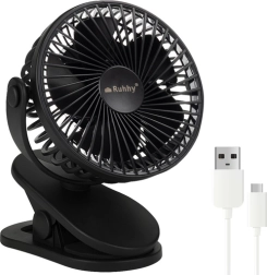 Ventilator de birou fără fir cu clemă Ruhhy, negru, USB‑C 1200 mAh