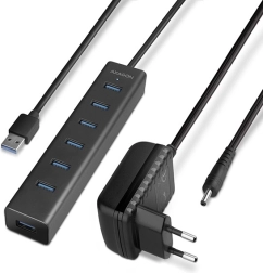 Hub USB 3.2 Gen 1 AXAGON cu 7 porturi și încărcare, din aluminiu, cu adaptor