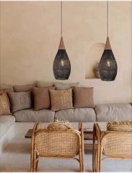 Corp de iluminat suspendat rustic din ratan 35 cm – negru