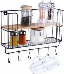 Poliță de perete pentru bucătărie cu cârlige 41 × 12 × 25,5 cm, metal și lemn