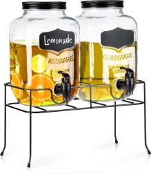 Distribuitor dublu de băuturi din sticlă cu robinet și suport negru 2×4 l