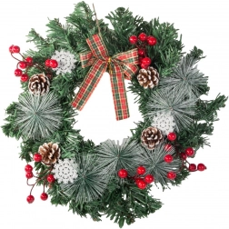 Coroniță de Crăciun cu conuri, bobițe roșii și fundă în carouri 30 cm