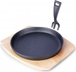 Tigaie din fontă pentru servire cu suport din lemn 22 cm, set 2 piese