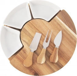 Platou rotativ din salcâm pentru servire brânzeturi cu 3 boluri și 3 cuțite, set 7 piese